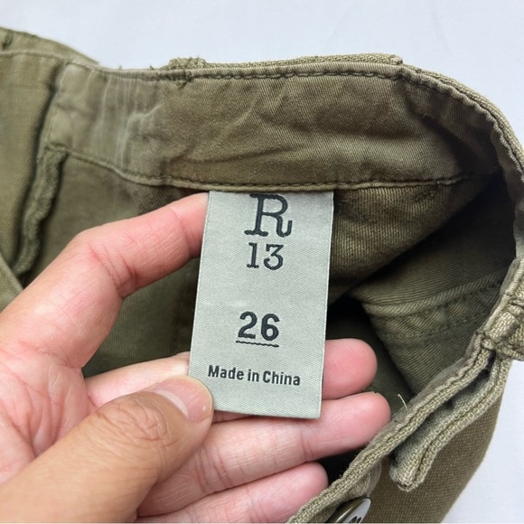 R13 olive army green utility Japanese denim distressed cropped straight leg pant - Picture 7 of 11